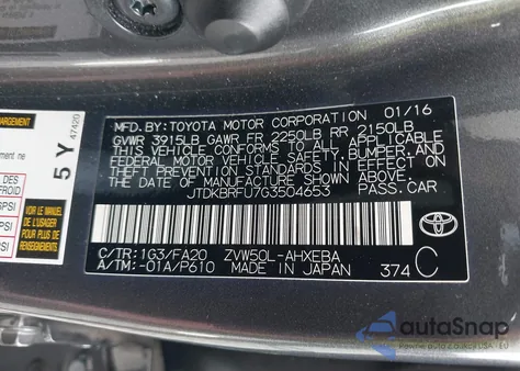 2016 Toyota Prius Two from USA, damaged, VIN JTDKBRFU7G3504653